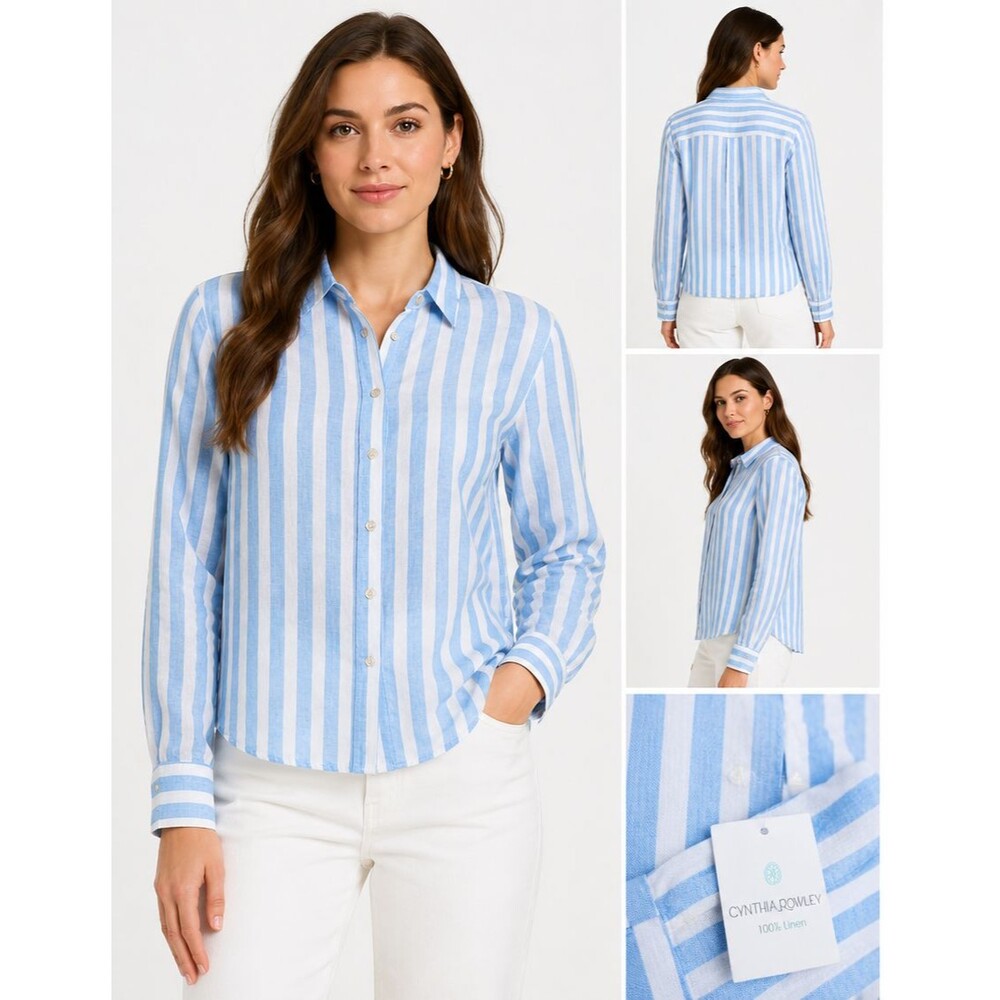 Cynthia Rowley Sz M 100% Linen Blue White Stripe Button Up Shirt Womens NWT